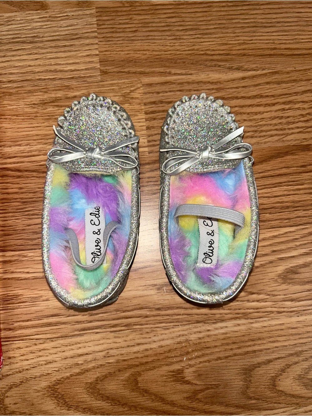 Olive & Edie Silver Glitter Kids Moccasins with Rainbow Faux-Fur
